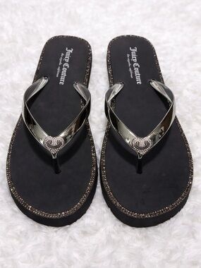 Juicy Couture Black Sandal Flip Flops with Silver Metallic Straps